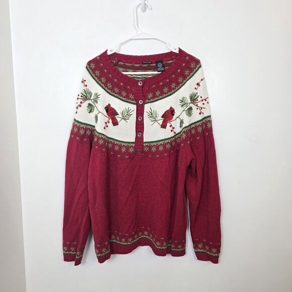 North Crest Sweaters - North Crest Red White Holly Birds Christmas Holiday Cozy Warm Cardigan Size 2X